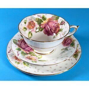 Vintage Paragon Golden Emblem teacup trio, Large Pink Cabbage Roses Paragon